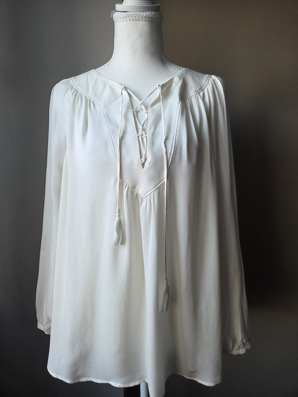 Joie 100% Silk Ivory Lace Up Peasant Blouse Size L